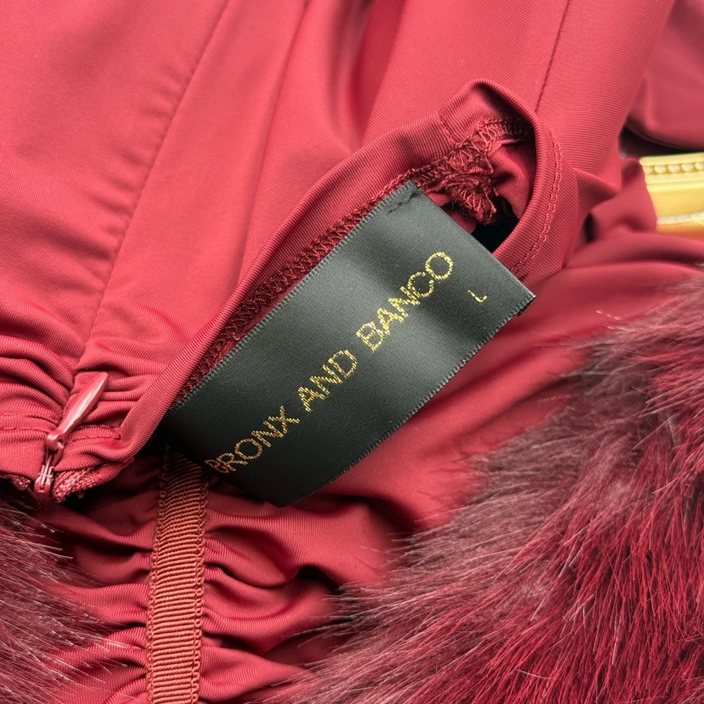 🆕 BRONX & BANCO 🧿 NWOT Eleanor Burgundy Fur Trimmed Mini Dress, Sz L US 8 - Picture 16 of 17